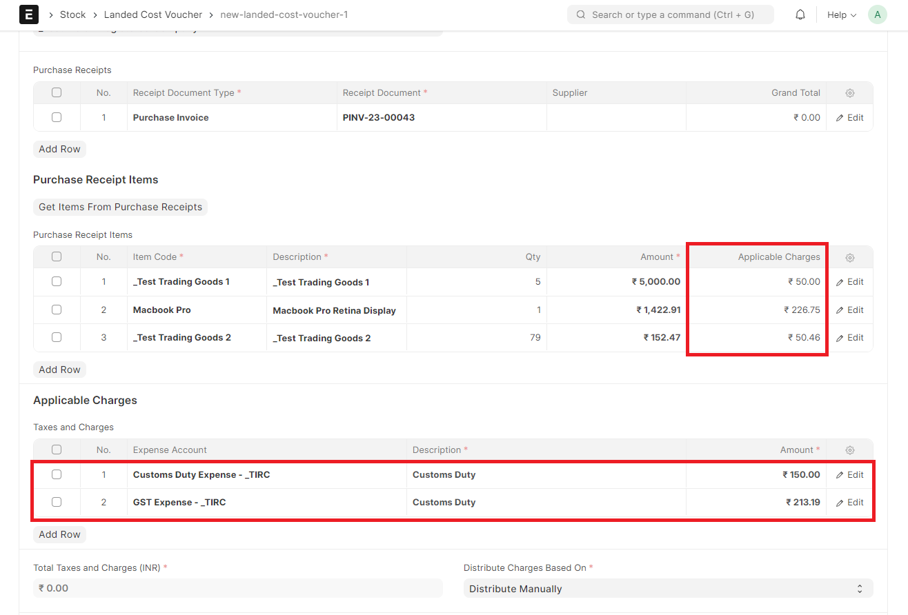 Autopopulated Landed Cost Voucher